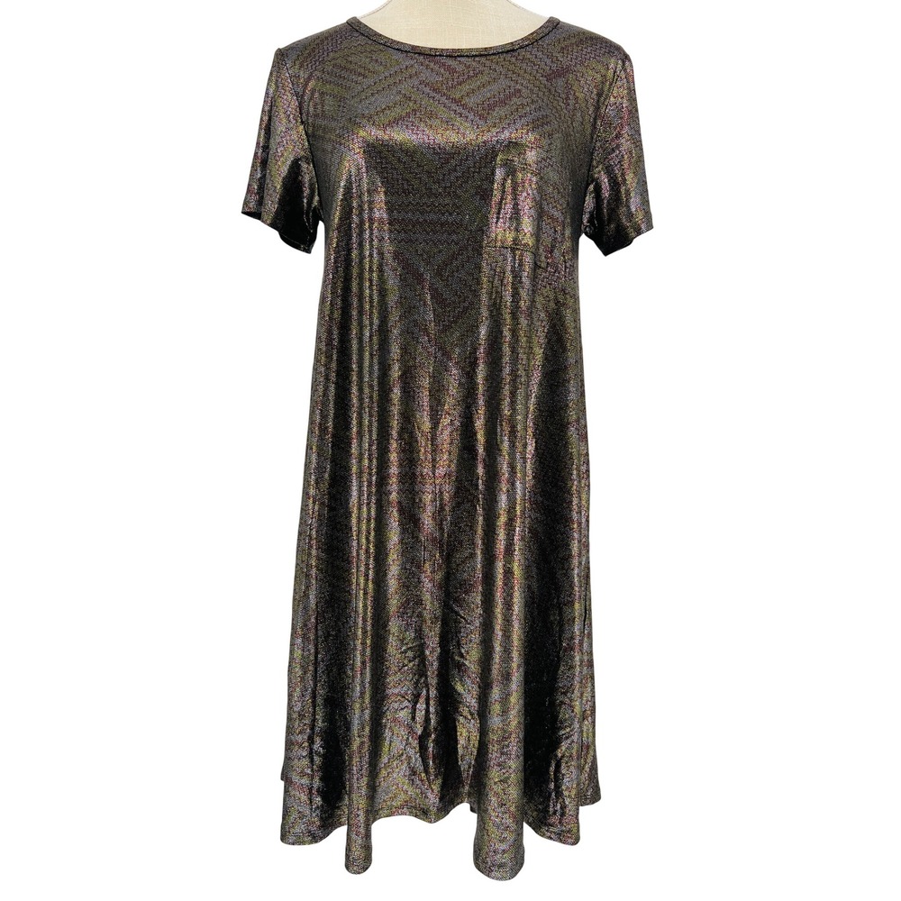 LuLaRoe Carly Swing Dress Small Metallic Purple‎ Silver Gold Geometric High Low